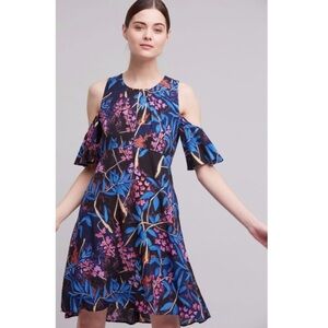 Maeve Blue Dress “Elia” Pink Floral Tropical Open Shoulder Anthropologie Sz 2 S